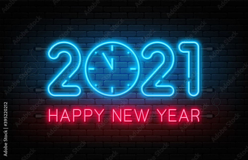 Happy New Year 2021. New Year and Christmas decoration, neon signboard with glowing text and clock. Neon light effect for background, banner, poster and greeting card Happy New Year 2021. New Year and Christmas decoration, neon signboard with glowing text and clock. Neon light effect for background, banner, poster and greeting card