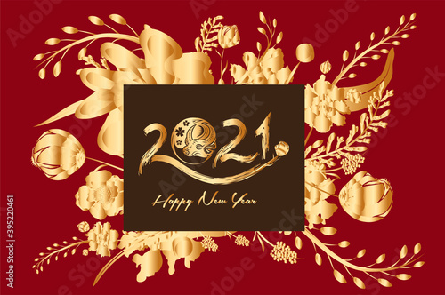 Happy chinese new year 2021 of the ox. Gold zodiac sign, gold floral frame and asian elements background for greetings card, invitation, posters, brochure, calendar, flyers, banners