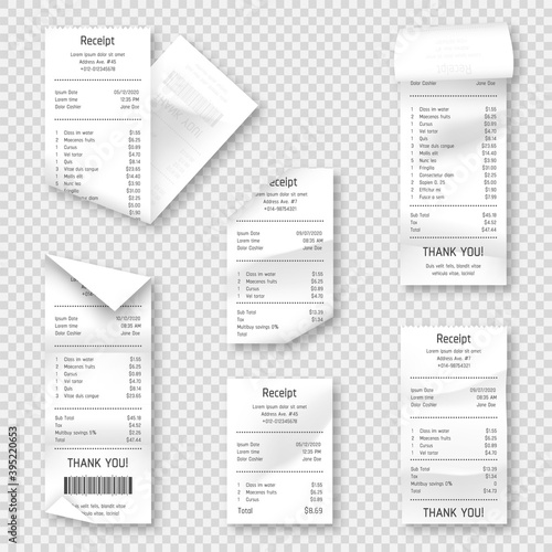 Set of paper receipts isolated on background. Realistic paper receipt, check and payment bill printed on rolled and curved thermal paper