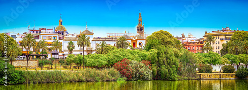 View on downtown of Seville and Guadalquivir River Promenade.