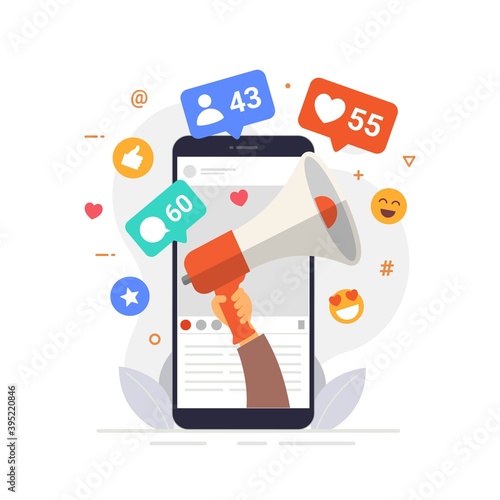 Social Media Influencer Concept Showing people bringing likes and reactions to a social media profile on a smartphone for get engagement. hand with phone vector illustration