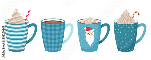 Set of mugs with coffee, tea, cocoa with marshmallow, straw and whipped cream and decorative topping.Hot drinks in mugs with Christmas patterns and elements. Blue tones. Flat style, isolated on white.