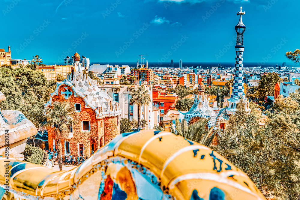 BARCELONA, SPAIN - SEPT 02,2014 :Gorgeous and amazing Park Guel in Barcelona. In 1984 park has been declared UNESCO by the World heritage of mankind. Park Guell (1914)  - obrazy, fototapety, plakaty 