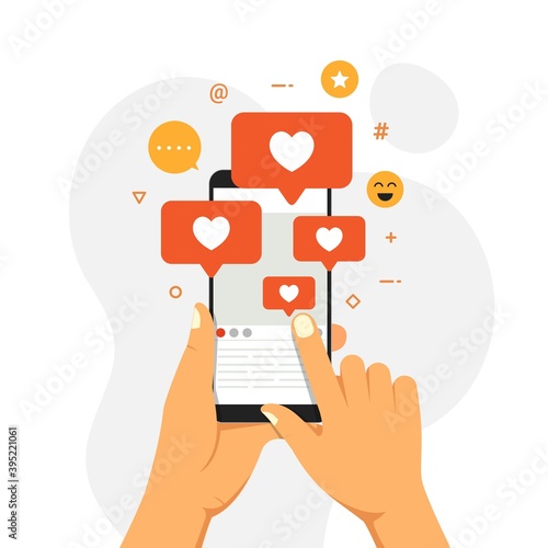 Social Media Influencer Concept Showing people bringing likes and reactions to a social media profile on a smartphone for get engagement. hand with phone vector illustration