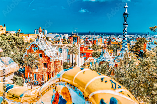 BARCELONA, SPAIN - SEPT 02,2014 :Gorgeous and amazing Park Guel in Barcelona. In 1984 park has been declared UNESCO by the World heritage of mankind. Park Guell (1914) 