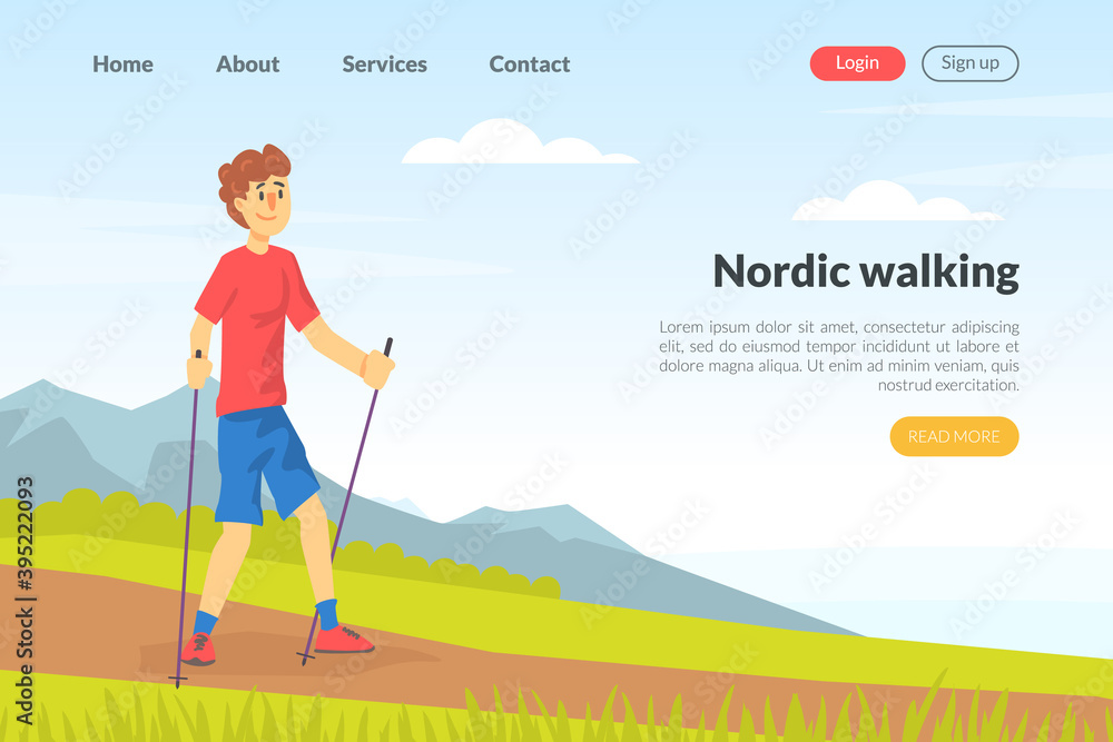 Nordic Walking Landing Page Template, Outdoor Sports Activity Website Interface Cartoon Vector Illustration Nordic Walking Landing Page Template, Outdoor Sports Activity Website Interface Cartoon Vector Illustration