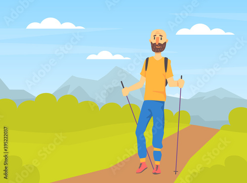 Mature Bearded Man Performing Nordic Walking in Park, People in Sports Outfit Enjoying Walking in Open Air Cartoon Vector Illustration
