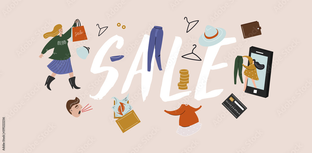 Black Friday, sales, discounts, Boxing Day, online shopping. Lettering with set of vector flat elements on the theme of sales. Buyer, money, clothes, bags, wallet. Nice vector set in cartoon style. Black Friday, sales, discounts, Boxing Day, online shopping. Lettering with set of vector flat elements on the theme of sales. Buyer, money, clothes, bags, wallet. Nice vector set in cartoon style.