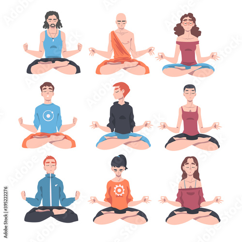 People Characters Meditating Sitting Cross-legged in Lotus Position Vector Illustration Set
