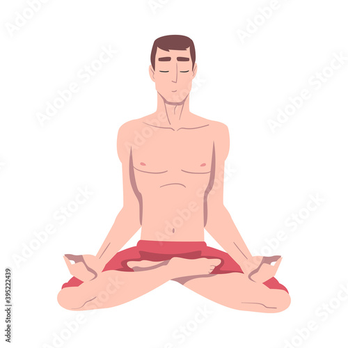 Young Man Cross-legged Sitting in Padmasana or Lotus Position Vector Illustration