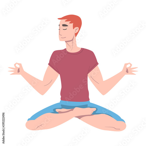Young Man Cross-legged Sitting in Padmasana or Lotus Position Vector Illustration