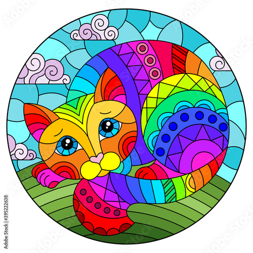Illustration in stained glass style with abstract cute rainbow cat on a blue background, oval image