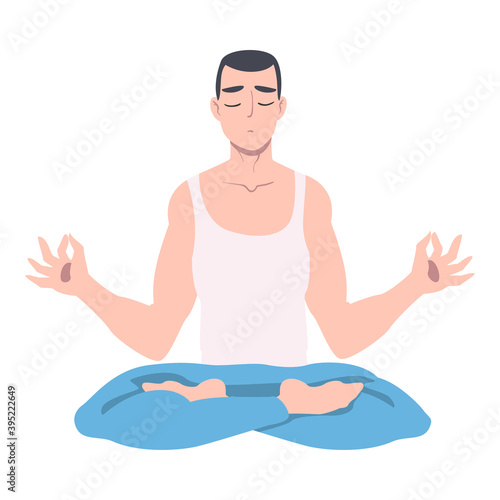 Male with Closed Eyes and Crossed Legs Sitting in Lotus Position Practising Yoga Vector Illustration