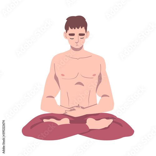 Male with Closed Eyes and Crossed Legs Sitting in Lotus Position Practising Yoga Vector Illustration