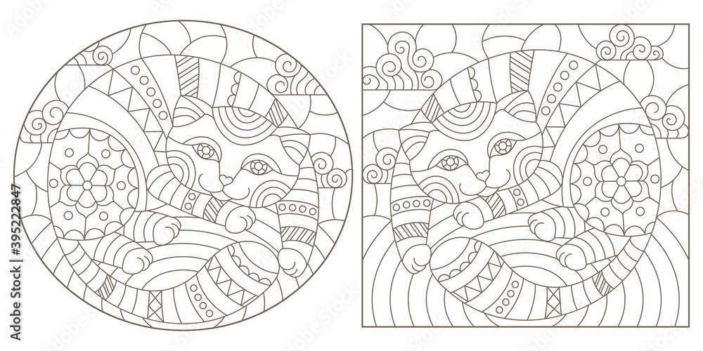 1Set of outline illustrations in the style of stained glass with abstract cats , dark outlines on white background