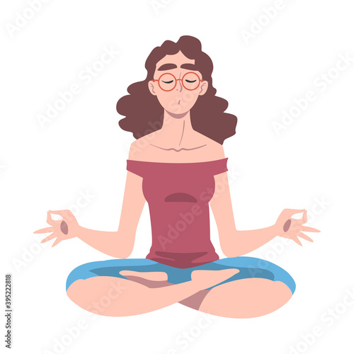Female with Closed Eyes and Crossed Legs Sitting in Lotus Position Practising Yoga Vector Illustration