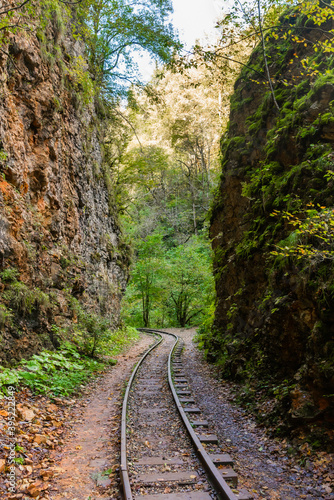 Old narrow gauge railway in mountain region.