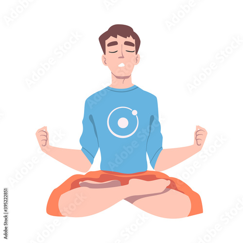 Male with Closed Eyes and Crossed Legs Sitting in Lotus Position Practising Yoga Vector Illustration