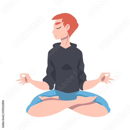 Female with Closed Eyes and Crossed Legs Sitting in Lotus Position Practising Yoga Vector Illustration