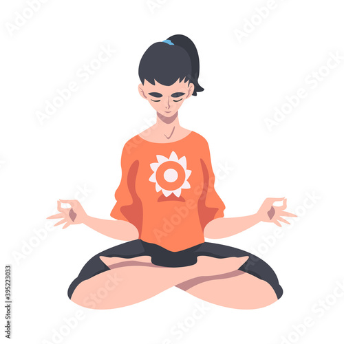 Meditative Female Engaged in Pranayama Practice Sitting in Lotus Position Vector Illustration