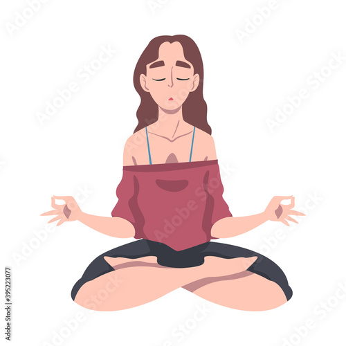 Meditative Female Engaged in Pranayama Practice Sitting in Lotus Position Vector Illustration