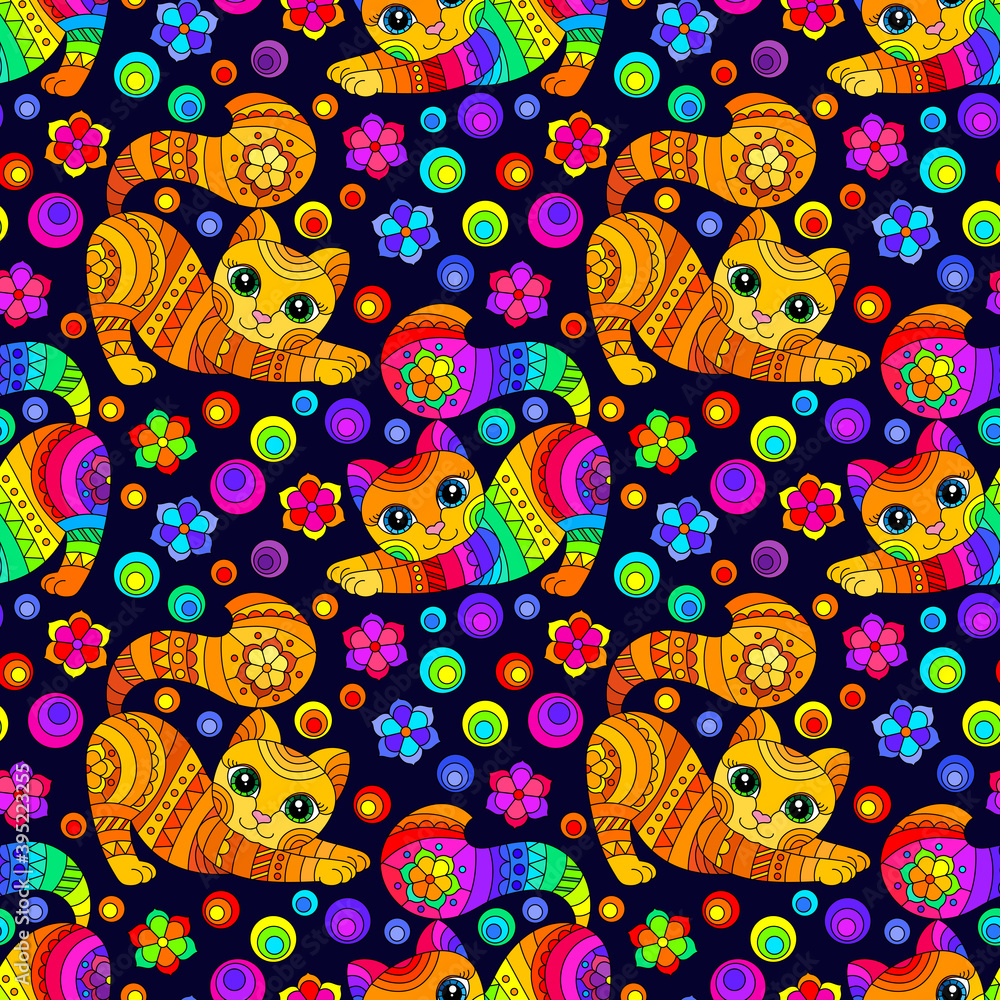 Naklejka premium Seamless pattern with bright cats and flowers in stained glass style on a dark background