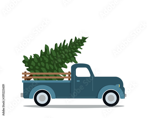 Vintage truck with Christmas tree. Vector flat illustration