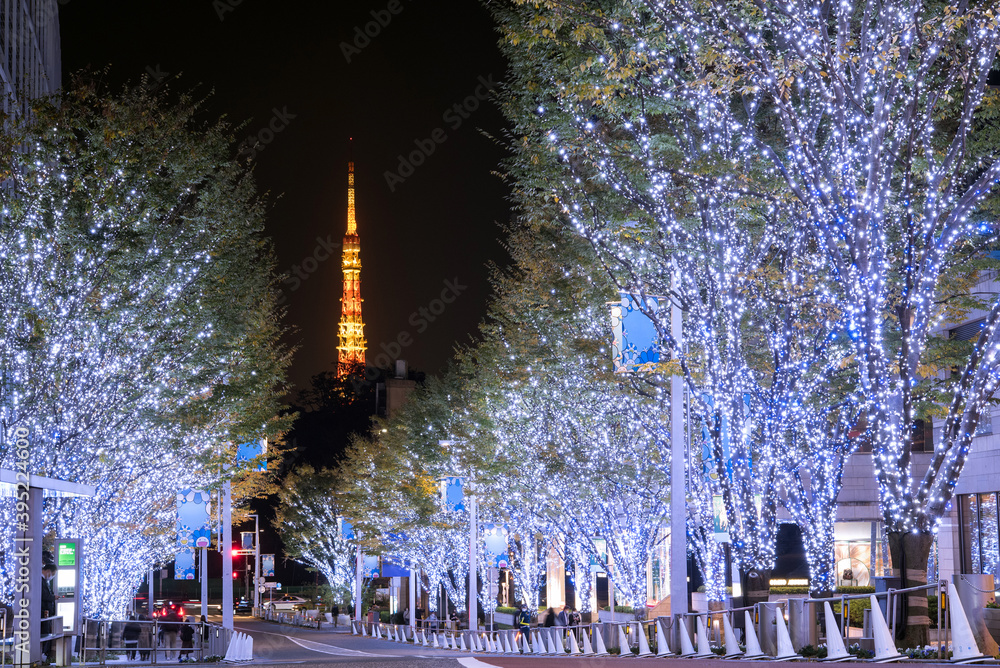 Illuminated Roppongi Keyakizaka Street And Tokyo Tower During Winter 六本木けやき坂のクリスマスイルミネーションと東京タワー Stock Photo Adobe Stock