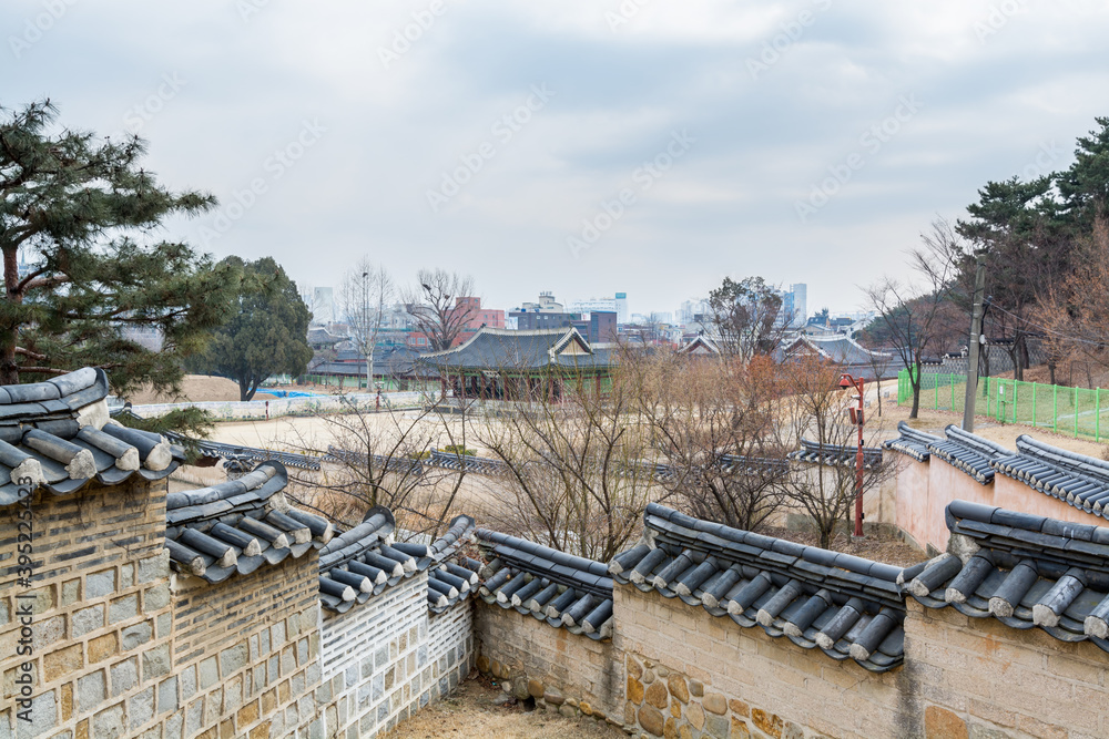 Wall with black tiles of Hwaseong Haenggung Palace loocated in Suwon South Korea, the largest one of where the king and royal family retreated to during a war 