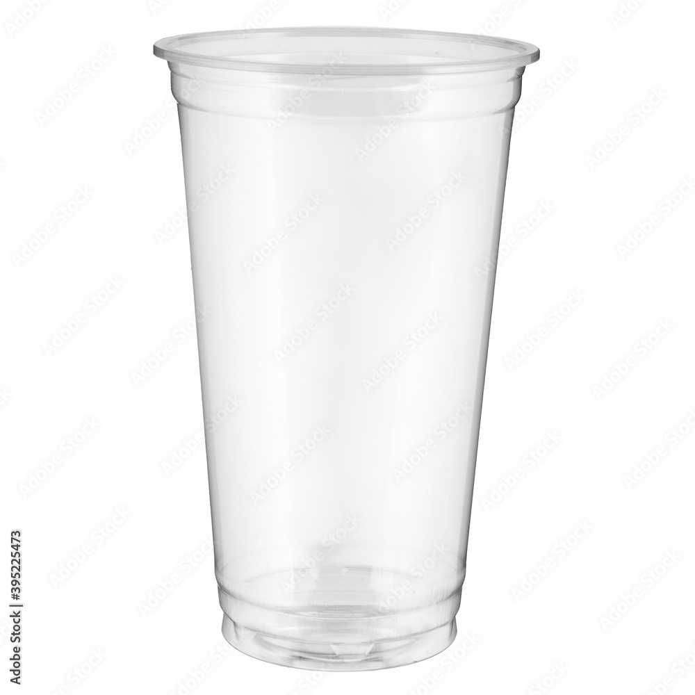 One empty disposable transparent plastic cup isolated on white background One empty disposable transparent plastic cup isolated on white background
