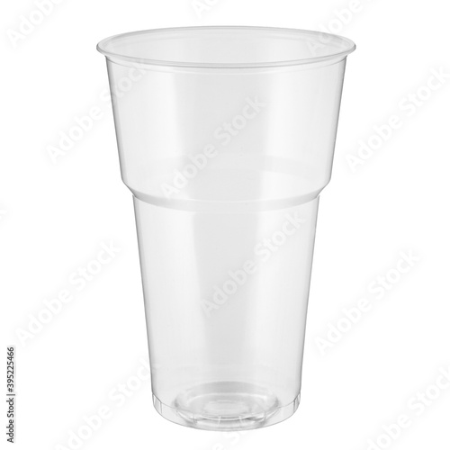 One empty disposable transparent plastic cup isolated on white background