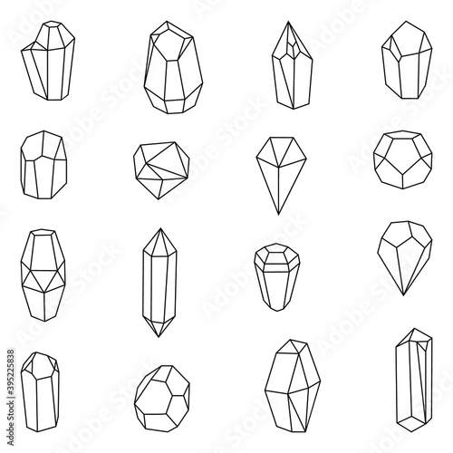 Set of black outline minerals. Vector stock icon isolated on white background