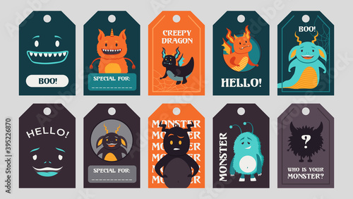 Trendy tags design with funny monsters. Bright creepy elements or creatures with greeting text and beasts. Celebration and Halloween concept. Template for greeting labels or invitation card