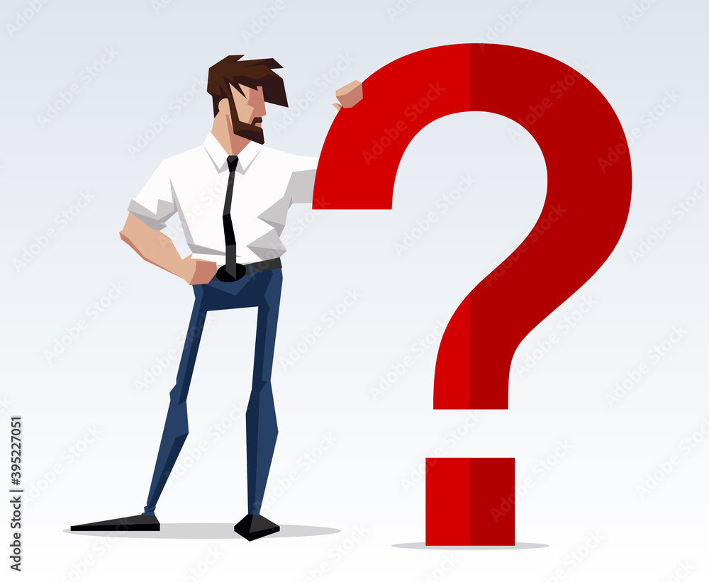 Successful beard businessman character have a question. Business man standing with question mark and thinking. Manager think about something. Business concept illustration. Successful beard businessman character have a question. Business man standing with question mark and thinking. Manager think about something. Business concept illustration.