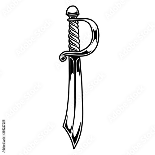 Illustration of pirate saber in engraving style. Design element for poster, card, banner, menu. Vector illustration