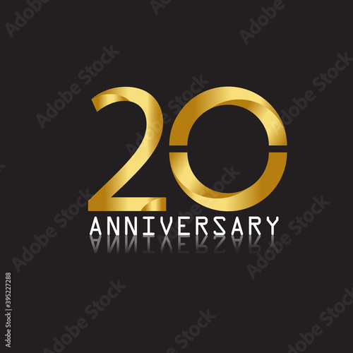 20 years anniversary celebration logotype. 20th anniversary logo with confetti golden colored isolated on black background, vector design for greeting card and invitation card