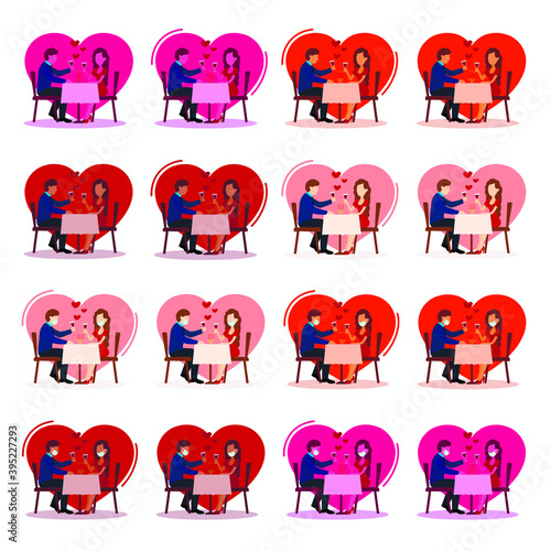 A large set of romantic dinner. A couple in love sitting by candlelight and wearing a medical mask, protection from coronavirus in various colors. Celebrating the anniversary of a relationship.Vector.