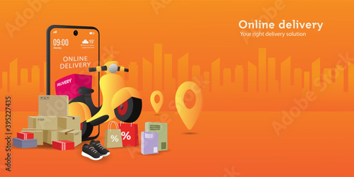 Fast delivery by scooter design concept. Web page delivery design concept. Website and mobile banner. Horizontal view