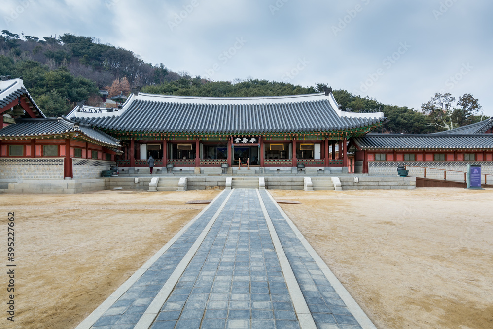 Wooden house with black tiles of Hwaseong Haenggung Palace loocated in Suwon South Korea, the largest one of where the king and royal family retreated to during a war Wooden house with black tiles of Hwaseong Haenggung Palace loocated in Suwon South Korea, the largest one of where the king and royal family retreated to during a war