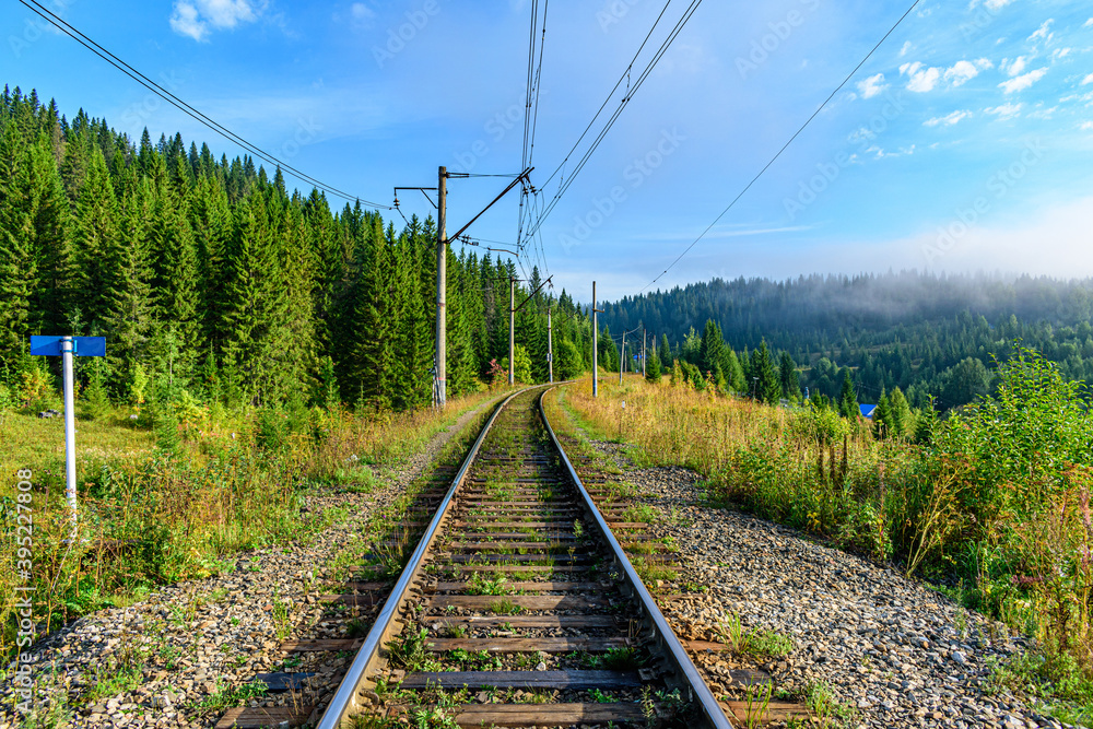 Fototapeta premium Railway track in the forest in a mountainous area