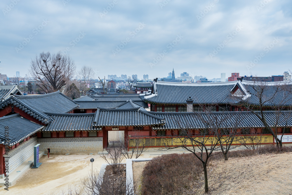  Wooden house and black tiles of Hwaseong Haenggung Palace in Suwon, Korea,  the largest one of where the king Jeongjo and royal family retreated to during a war