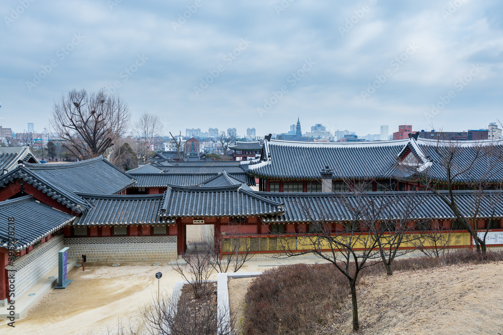 Wooden house and black tiles of Hwaseong Haenggung Palace in Suwon, Korea, the largest one of where the king Jeongjo and royal family retreated to during a war Wooden house and black tiles of Hwaseong Haenggung Palace in Suwon, Korea, the largest one of where the king Jeongjo and royal family retreated to during a war