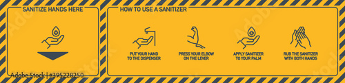 Infographic illustration of How to use hand sanitizer properly. instructions using wall dispenser antiseptic for hand disinfection: press your elbow on button lever, apply sanitizer on palm, rub hands