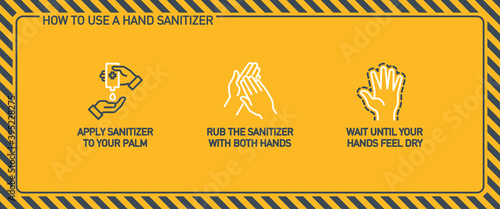 Infographic illustration of How to use hand sanitizer properly. instructions using wall dispenser antiseptic for hand disinfection: press your elbow on button lever, apply sanitizer on palm, rub hands
