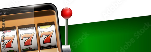 Illustration banner of mobile online casino application with 777 big win slot machine. Realistic advertising poster with online mobile app casino and Jackpot 777. Play now in One Armed Bandit banner