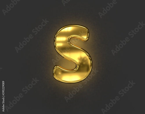 shiny golden brassy font - letter S isolated on dark grey, 3D illustration of symbols