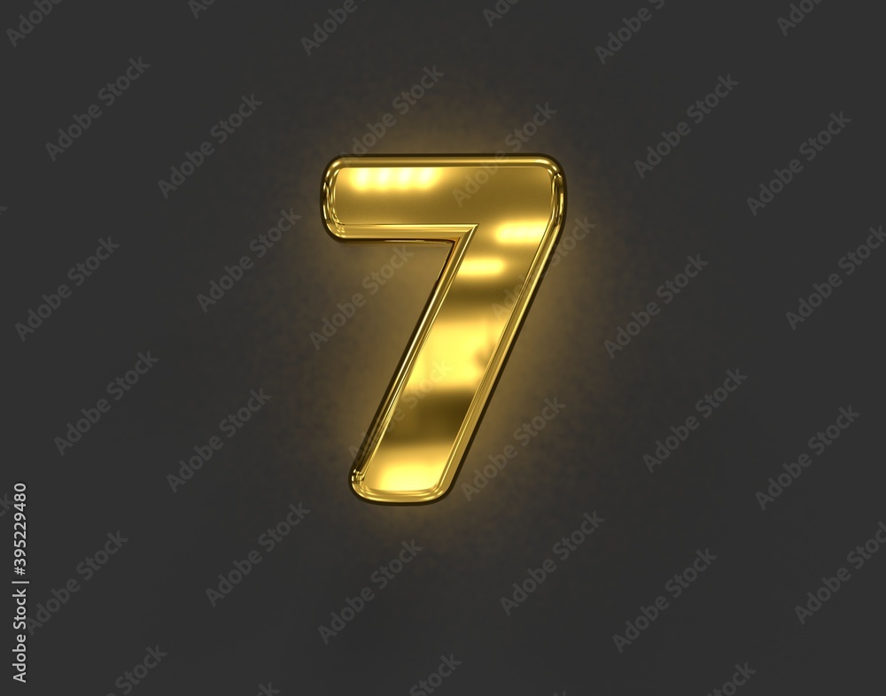 polished golden metal alphabet - number 7 isolated on dark grey background, 3D illustration of symbols polished golden metal alphabet - number 7 isolated on dark grey background, 3D illustration of symbols