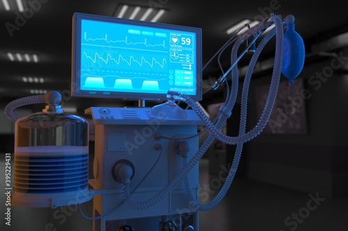 ICU artificial lung ventilator with fictive design in night hospital with bokeh - stop corona virus concept, medical 3D illustration