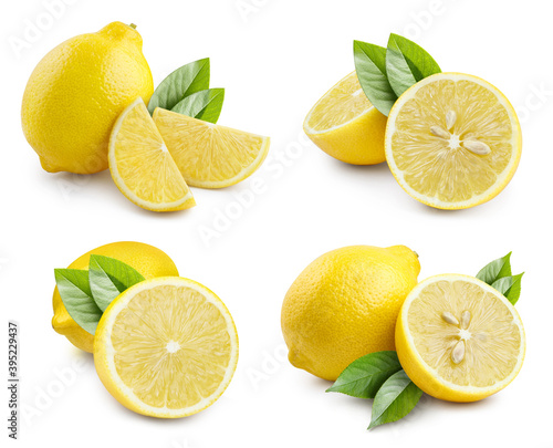 Collection of lemons and leaves  isolated on white background