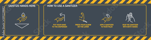 Infographic illustration of How to use hand sanitizer properly. instructions using wall dispenser antiseptic for hand disinfection: press your elbow on button lever, apply sanitizer on palm, rub hands
